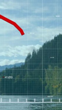 Huzurlu göl ve ormanlık dağ manzarası üzerinde kırmızı çizgi çizgisi animasyonu. Veri, analitik, doğa, huzur, görselleştirme, teknoloji