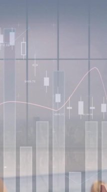 Animation of statistical data processing over caucasian woman using laptop with copy space. Global networking and business data technology concept