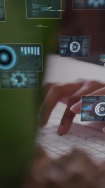 Animation of data processing and scope scanning over woman using computer. Global computing, connections, communication and data processing concept digitally generated video.