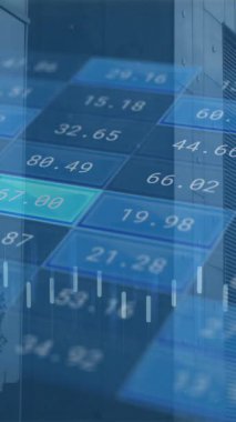 Animation of financial data processing over cityscape. Global business, finances, computing and data processing concept digitally generated video.