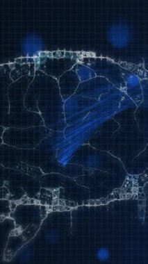 Digital waves over human brain icon against blue spots of light on blue background. mental health day awareness concept