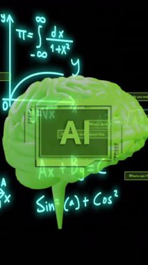 Yeşil beyin animasyonu üzerinde matematiksel denklemler ve grafikler, yapay zekayı temsil ediyor. teknoloji, makine öğrenme, nöral ağlar, veri bilimi, algoritmalar, yenilik