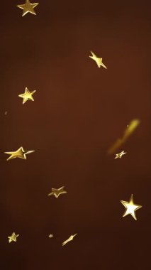 Altın yıldızların ve kahverengi arkaplana düşen hediyelerin animasyonu. Noel, şenlik, kutlama ve gelenek konsepti dijital olarak oluşturuldu.