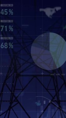 Animation of statistical data processing over network tower against sunset sky. Global networking and business data technology concept