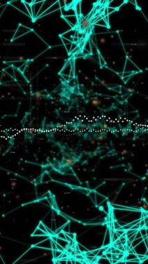 Siyah arkaplan üzerinden veri işleme ve bağlantı ağının animasyonu. Dijital olarak oluşturulmuş küresel bağlantılar, iş, finans, bilgisayar ve veri işleme kavramı.