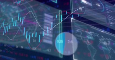 Çubuklardaki beyaz eğri yükseliyor, kırmızı çizgi birleşiyor, turta sürükleniyor, halkalar analiz için dönüyor. Veri görselleştirme, finansal analiz, gösterge paneli, bilgi grafikleri, iş zekası, modern, teknoloji