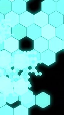 Animation of glowing hexagons on black background. Global technology, computing and digital interface concept digitally generated video.