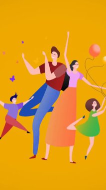 Sarı arka planda balonlarla mutlu aile dansının canlandırması. aile, kutlama, aşk, sağlık ve birliktelik konsepti dijital olarak oluşturulmuş video.
