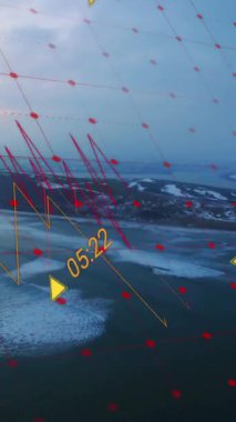 Manzara üzerinde finansal veri işleme animasyonu. Küresel iş, finans ve dijital arayüz kavramı dijital olarak oluşturulmuş video.