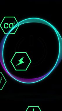 Animation of ecology icons over off button. Global business and digital interface concept digitally generated video.
