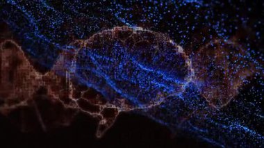 Mavi parçacıklar ortaya çıkıyor ve hızlanıyor, kırmızı ızgarayı süpürüyor, örgüye enerji veriyor ve şerit oluşturuyor. Dijital, soyut, geleceksel, veri, teknoloji, görselleştirme, ağ