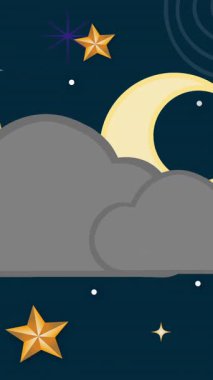 Mavi arka planda bulutlu yıldızların ve hilal ayın animasyonu. Noel, şenlik, kutlama ve gelenek konsepti dijital olarak oluşturuldu.