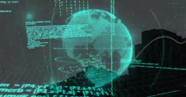 Kablo küresinin fırlatılmasında, yörüngedeki halkalarla dönerken, kod akımları veriyi görselleştirir. Dijital, geleceksel, hareket, teknoloji, soyut, siber, yenilik