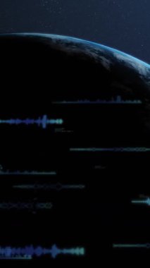 Soyut arka planda bilgisayar dili ve ses dalgalarının animasyonu. Dijital olarak üretilmiş, hologram, illüstrasyon, küreselleşme, frekans, kodlama ve teknoloji konsepti.