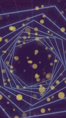 Altıgen tünelin kusursuz desenli animasyonu ve mor arkaplanda sarı ışık lekeleri. Küresel ağ ve iş teknolojisi kavramı