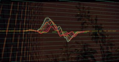 Çerçeve bir, yeşil etiketlerle genliği gösteren çok renkli dalga formuna yükseliyor. Dinamik, analitik, soyut, enerjik, grafik, veri görselleştirme, teknolojik