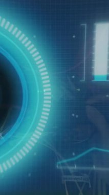 Kafkas kadın üzerinde veri işleme animasyonu bilgisayar sunucusu kablolarını tamir ediyor. küresel bağlantılar, veri işleme ve hesaplama konsepti dijital olarak oluşturulmuş video.