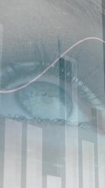 Kadın gözüyle ilgili istatistiklerle finansal veri işleme animasyonu. küresel bağlantı, veri işleme ve dijital arayüz konsepti dijital olarak oluşturulmuş video.