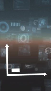 Mavi zemin üzerinde çoklu yuvarlak tarayıcılar ve veri işleme çubuk grafik simgesi karşı. bilgisayar arayüzü ve iş teknolojisi kavramı