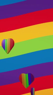 Gökkuşağı arka planında gökkuşağı kalplerinin animasyonu. Gurur ayı, lgbt, eşitlik ve insan hakları konsepti dijital olarak oluşturuldu.