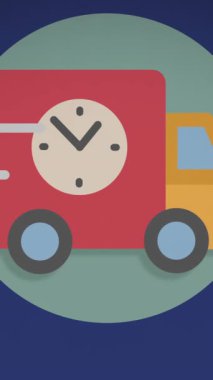 Mavi arka planda saat simgesi olan bir minibüs animasyonu. Nakliye, perakende, iletişim, renk, hareket ve şablon konsepti dijital olarak oluşturulmuş video.