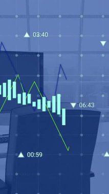 Animation of statistics and financial data processing over desk in office. Global business, finance, computing and data processing concept digitally generated video.