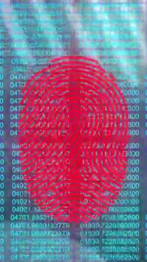 İstatistiksel veri işleme ve ikili kodlama üzerine biyometrik parmak izi tarayıcısı animasyonu. Küresel ağ ve iş teknolojisi kavramı