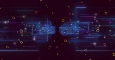 İçe doğru sürüklenen altın küreler neon-mavi ızgaraların titremesine ve aralık oluşum koridorunun daralmasına neden oluyor. Soyut, geleceksel, dijital, teknoloji, hareket, aydınlatma, geometrik