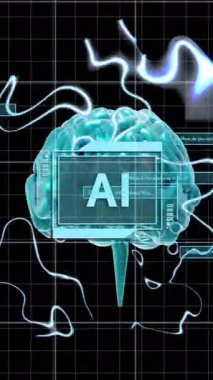 Siyah arkaplan üzerinde ai metin, beyin ve dijital veri işleme animasyonu. Dijital olarak oluşturulmuş küresel yapay zeka, bağlantılar, hesaplama ve veri işleme kavramı.