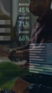 Animation of infographic interface over multiracial coworkers working on desktops at office. Digital composite, multiple exposure, report, finance, global, business, progress and technology concept.