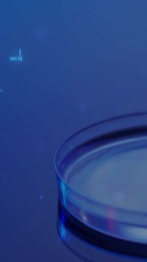 Laboratuvarda pipet ve çanak anten üzerinde bilimsel veri işleme animasyonu. Küresel bilim, bağlantılar, hesaplama ve veri işleme kavramı dijital olarak oluşturulmuş video.