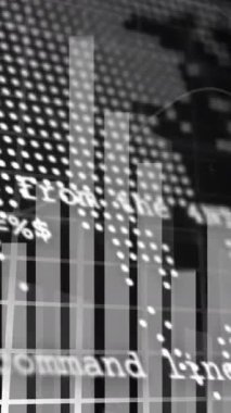 Animation of statistics and data processing over dark background. Global computing, connections, communication and data processing concept digitally generated video.