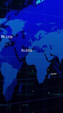 Finansal veri işleme animasyonu ve kara arkaplan üzerinde dünya haritası. küresel iş, finans ve dijital arayüz kavramı dijital olarak oluşturulmuş video.