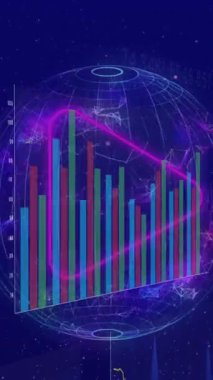 Mavi arkaplan üzerinde dünya üzerinde bağlantılı noktalar olan birden fazla grafik ve sayı grafiklerinin animasyonu. Dijital olarak üretilmiş, hologram, iletişim, rapor, iş ve küreselleşme kavramı.