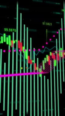 Finansal verileri görselleştiren dalgalı grafiklerin ve sayısal göstergelerin animasyonu. Maliye, ekonomi, borsa, veri analizi, büyüme, istatistik