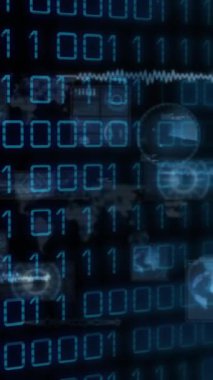 Siyah zemin üzerinde ikili kodlar, radarlar, haritalar, küreler ve bilgisayar dillerinin animasyonu. Dijital olarak üretilmiş, hologram, küreselleşme, kodlama, programlama dili ve teknoloji kavramı.