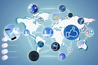 Düz ağ grafiği, açık mavi gradyan üzerinde akıllı telefon dünya ikonlarını birbirine bağlayan dünya haritasını gösteriyor. Dijital, bağlantı, teknoloji, iletişim, ağ, küreselleşme, siber uzay