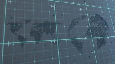 Yük haritasında ve dönen küresel animasyon ızgara kaydırma ve canlı ağ görüntüsü için düğüm titreşimleri. Teknoloji, veri görselleştirme, ağ, siber alan, soyut, dijital, yenilik