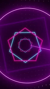 Siyah arkaplanda hareket eden neon şekillerin animasyonu. Soyut arkaplan, geçmişe dönük gelecek ve dijital olarak oluşturulmuş görüntü konsepti.