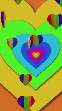 Gökkuşağı arka planında gökkuşağı kalplerinin animasyonu. Gurur ayı, lgbtq, insan hakları ve eşitlik kavramı dijital olarak oluşturulmuş video.