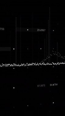 Beyaz grafik yukarı ve aşağı döner ve siyah arkaplanda rakamlar değişirken beyaz bloklar etrafta yüzer..