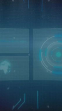 Karanlık arka planda dijital veri işleme animasyonu. Dijital olarak oluşturulmuş küresel bağlantılar, hesaplama ve veri işleme kavramı.