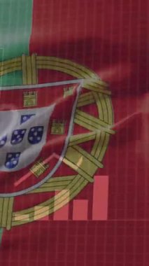 Portekiz bayrağı dalgalanırken istatistik ve veri işleme animasyonu. İş, iletişim, dijital arayüz, finans ve veri işleme kavramı dijital olarak oluşturulmuş video.