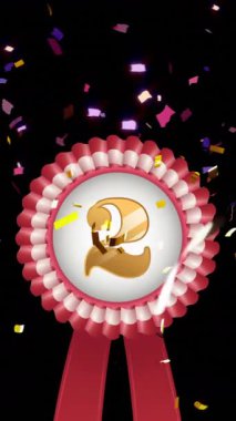 Kırmızı-beyaz rosette animasyonu, 2 numara ve siyah arka planda düşen konfeti. İkincilik, rekabet, ödül, başarı, başarı ve kutlama, dijital olarak oluşturulmuş video.