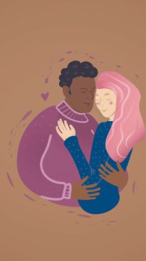 Kahverengi arka planda kucaklaşan mutlu çiftin canlandırması. Sevgi, eşitlik ve birliktelik kavramı dijital olarak oluşturulmuş video.