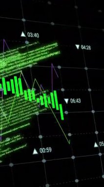 Siyah arkaplan üzerinden finansal veri işleme animasyonu. Küresel finans, iş, bağlantılar, hesaplama ve veri işleme kavramı dijital olarak oluşturulmuş video.
