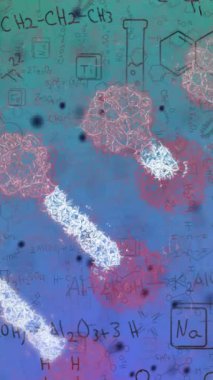 Soyut bilimsel animasyon geçmişi üzerinde kimyasal formüller ve moleküler yapılar. Bilim, kimya, araştırma, laboratuvar, deney, yenilik