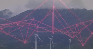 Pembe ağ, rüzgar türbinlerinin üzerinde beliriyor, darbe düğümleri atıyor ve enerji akışını görselleştirmek için yer değiştiriyor. Yenilenebilir enerji, dijital altyapı, çevresel sürdürülebilirlik, fütüristik teknoloji, veri görselleştirme, manzara, çevre dostu