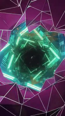 Soyut kaleydoskop geometrik parlak neon şekillerin hipnotik hareketlerle kusursuz döngü içinde hareket etmesinin animasyonu. Dijital olarak oluşturulmuş soyut hareket kavramı.