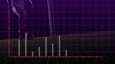 Futbol oyuncularının spor analizi için topa vurmaları, ızgaraya salya akıtarak metrik çubukların artması. Sporcu, veri görselleştirme, dijital analiz, performans, spor teknolojisi, eğitim, modern tasarım